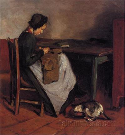 Girl Sewing with Cat - Dutch Interior