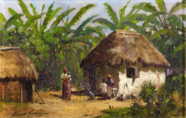 Family at the foot of a hut near a banana plantation
