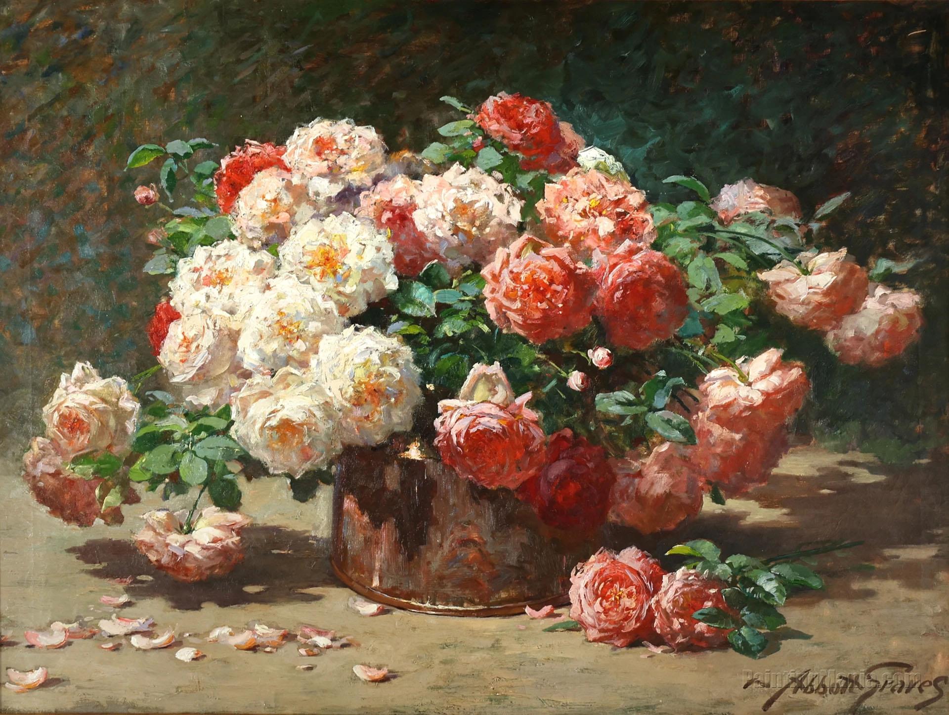 Garden Roses in a Polished Copper Tub