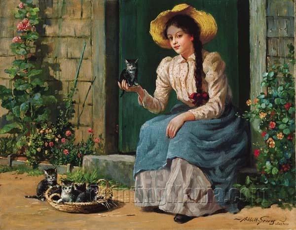 Young Girl with Kittens and Flowers