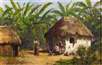 Family at the foot of a hut near a banana plantation