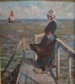 Young Woman Waiting for the Return of the Sailboat on the Pontoon