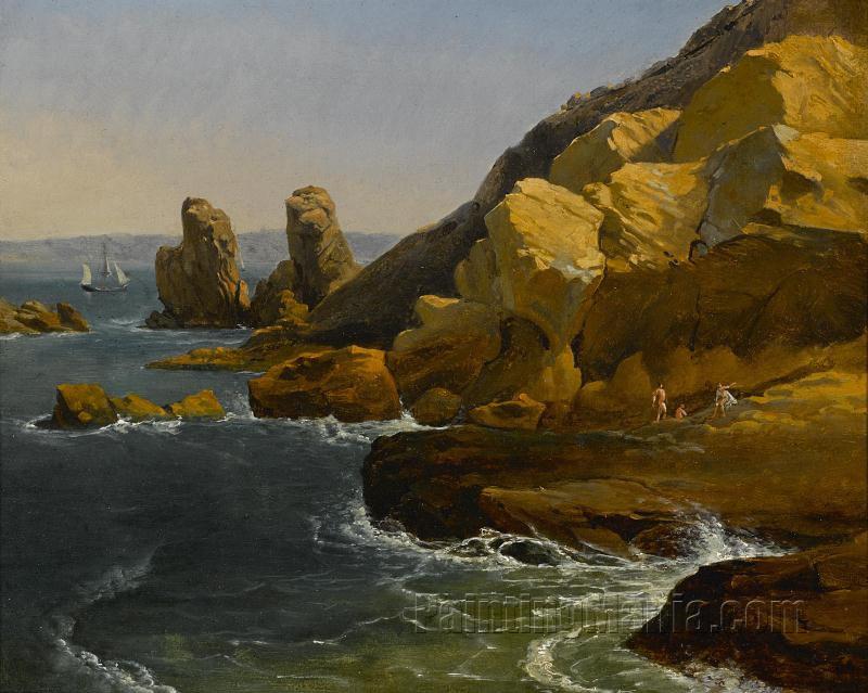 Bathers along a rocky coast, believed to be Northern California