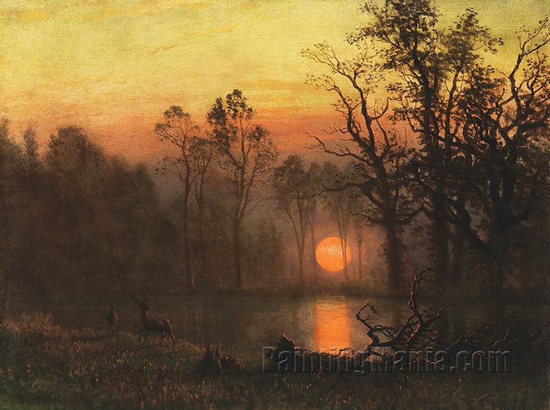 Sunset Over the Plains (Deer in a Sunset Landscape)