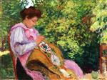 Girl Embroidering, Seated in a Garden