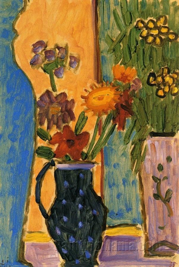 Still Life: Flowers with Blue Vases and Pink Wallpaper