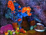 Still Life with Flowers. Fruit and Bottle