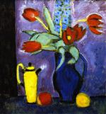 Still Life with Tulips. Blue Jug. Yellow Coffee Pot
