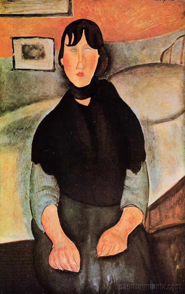 Dark Young Woman Seated by a Bed