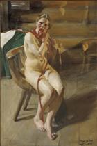 Nude woman arranging her hair