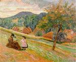 Woman and Child Sitting on a Hillside in Bretigny