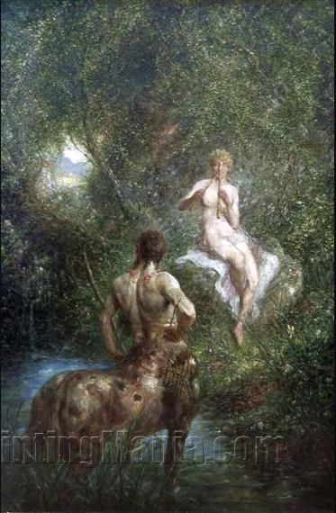 Centaur and Pan Playing Music at a Fairytale Forest Pond