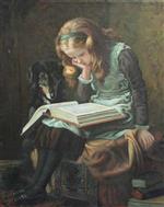 Girl Reading beside a Dog