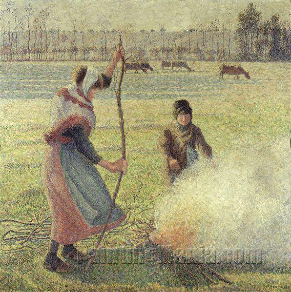 Jeune paysanne faisant du feu. Gelee blanche