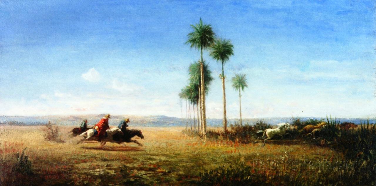 Three Riders and Horses Galloping on a Plain (Venezuela)