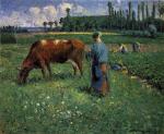 Girl Tending a Cow in a Pasture