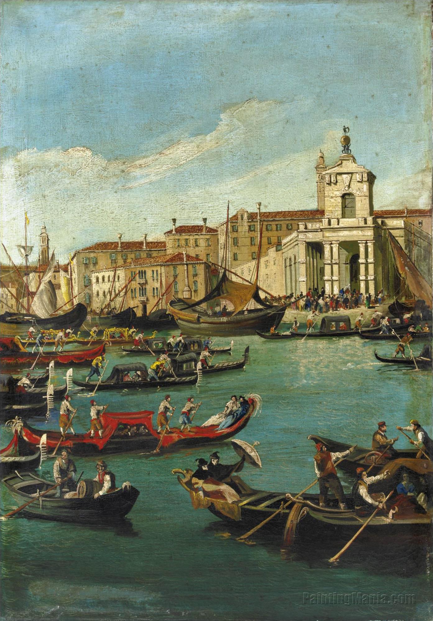 Venezia, il Bacino di San Marco con la Punta della Dogana e gondole