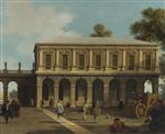 A Capriccio of the Prisons of San Marco set in a Piazza with a Coach and Townsfolk