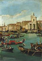 Venezia. il Bacino di San Marco con la Punta della Dogana e gondole