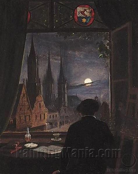 An artist in his studio contemplating a moonlit street from his opened window