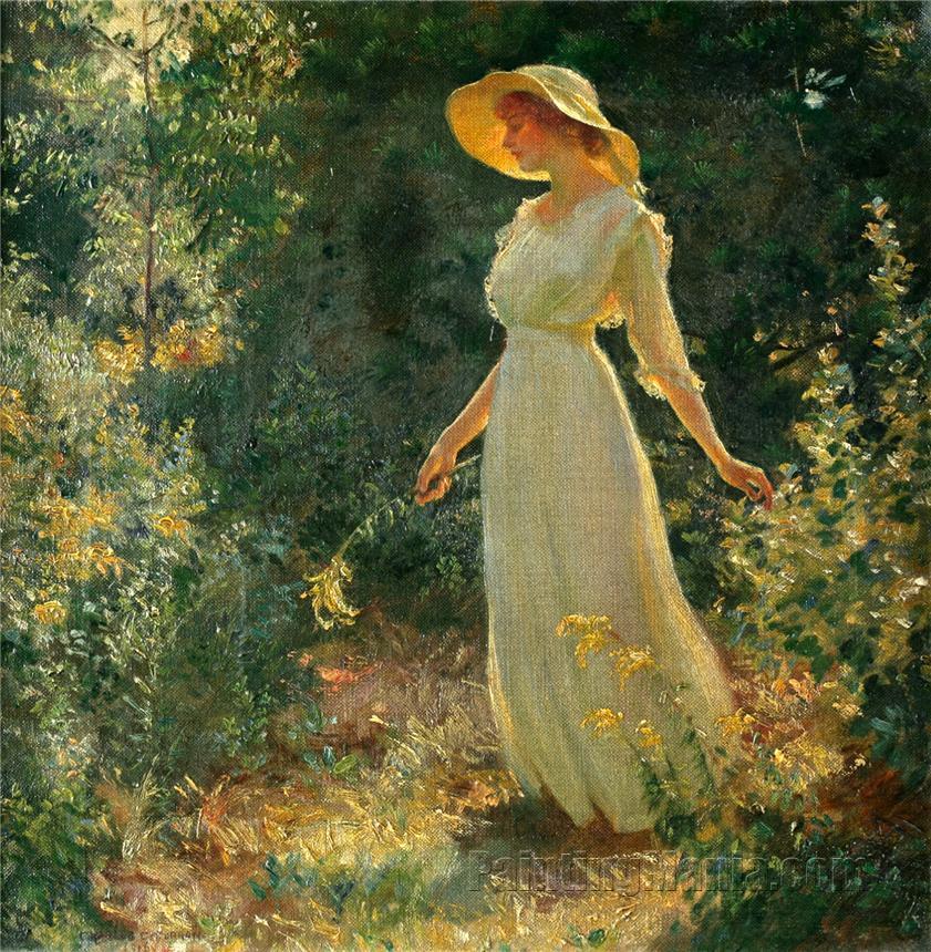 Woman in a White Dress in a Garden
