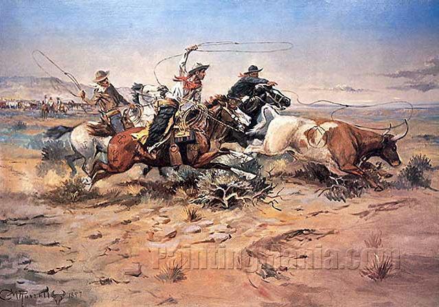 Cowboys Roping a Steer