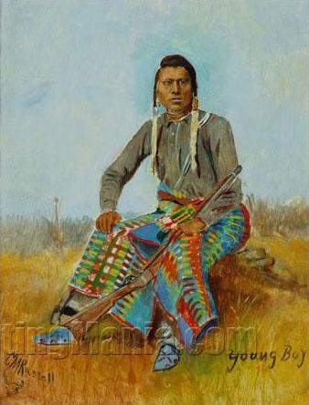 Portrait of a Native American "Young Boy" with Buffalo Skull in lower left corner