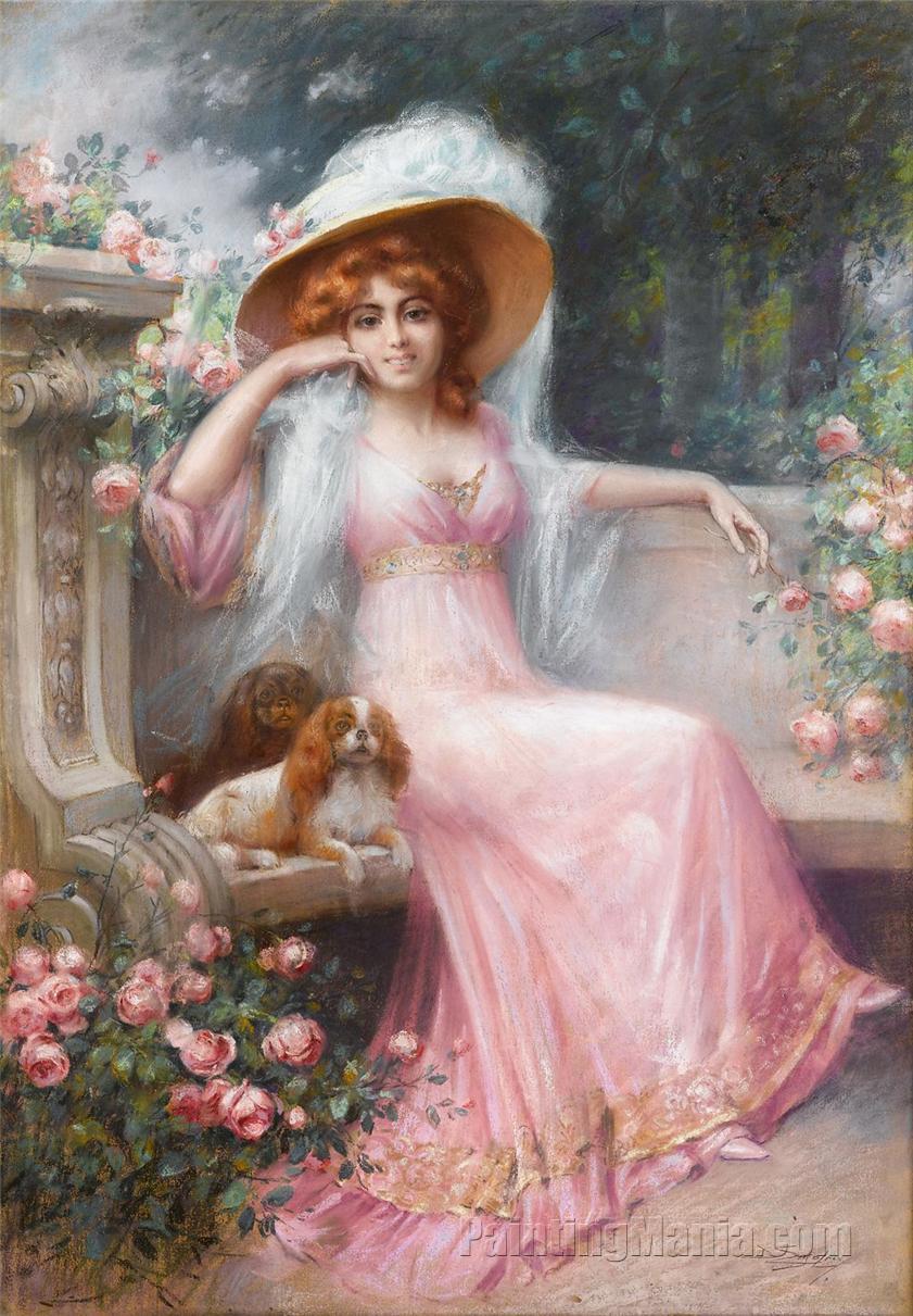Lady in Pink with Her King Charles Spaniels