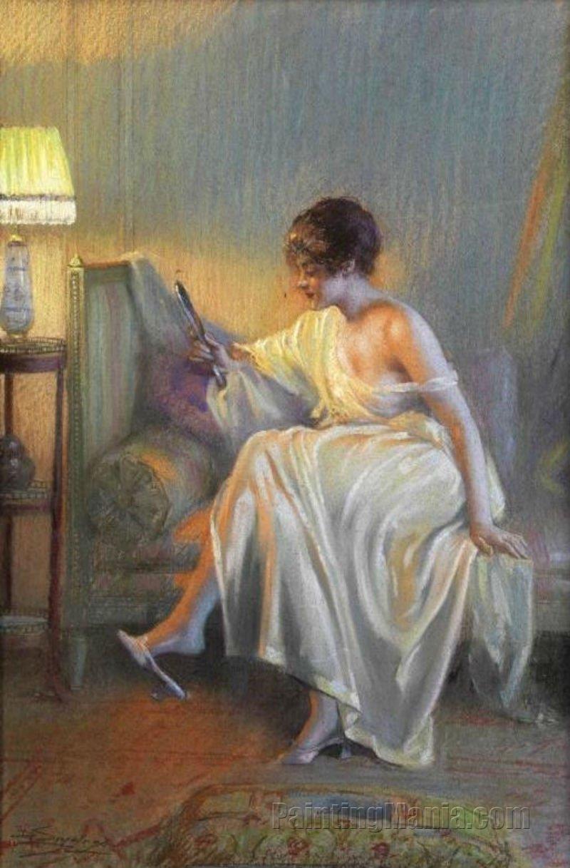 Young Woman on the Sofa with a Hand Mirror