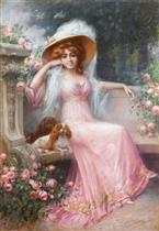 Lady in Pink with Her King Charles Spaniels