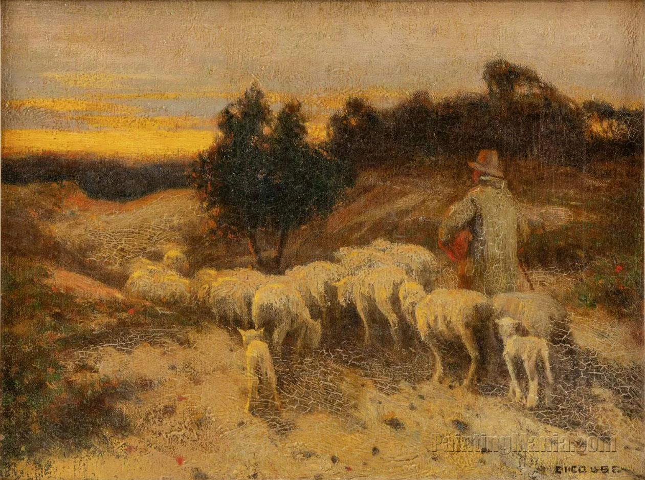 Herding Sheep at Sunset