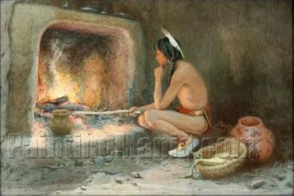 Indian Boy by a FIreplace
