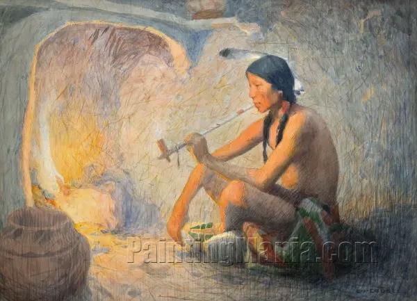 Indian with Pipe by Fireplace