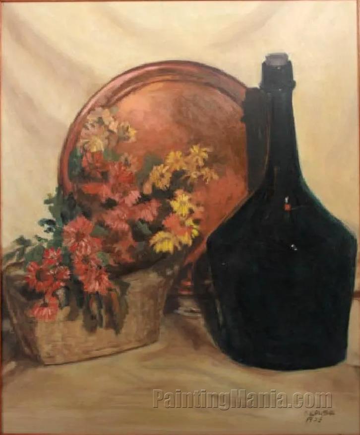 Still Life Scene with Flowers and Decanter