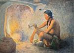 Indian with Pipe by Fireplace