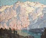 Pink and Violet Mountains with Lake Front Houses