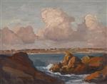 Rocky coastline with pink clouds above