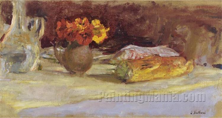 Bouquet of Nasturtiums, Carafe and Bread on a Table