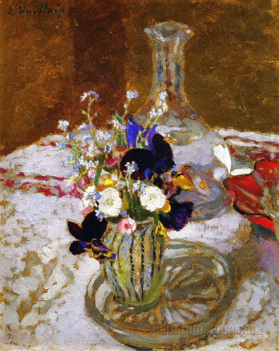 Bouquet of Pansies, Myosotis and Daisies in front of a Carafe, on a Table