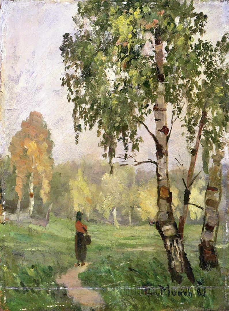 Birch Trees with Woman Walking