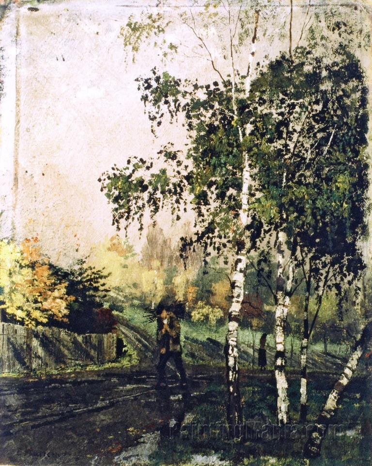 Birch Tress and Man Carrying Twigs