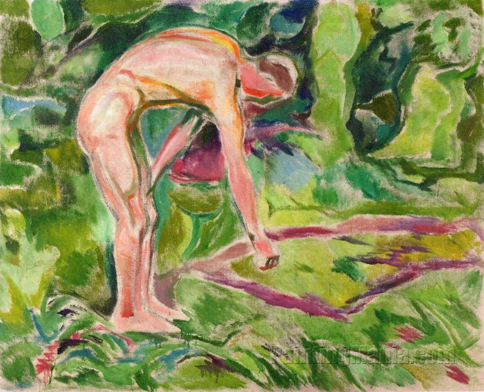 Male Nude in the Woods Leaning Forwards