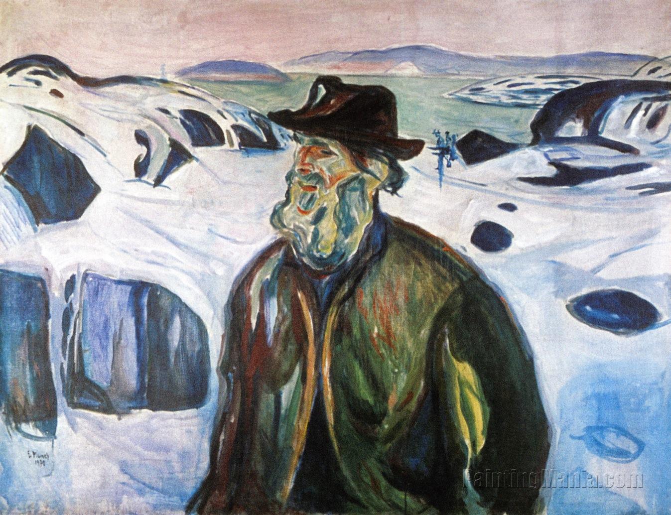 Old Fisherman on Snow-Covered Coast 1930