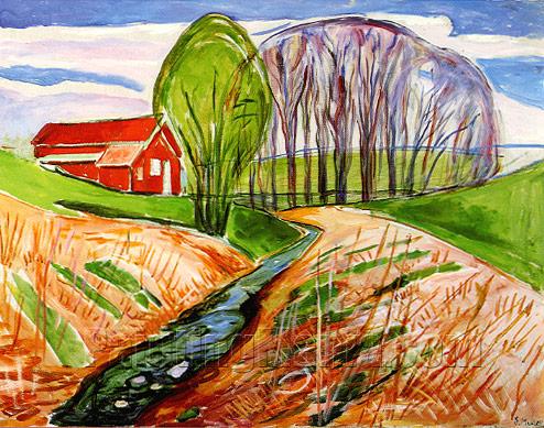 Springtime Landscape with Red House