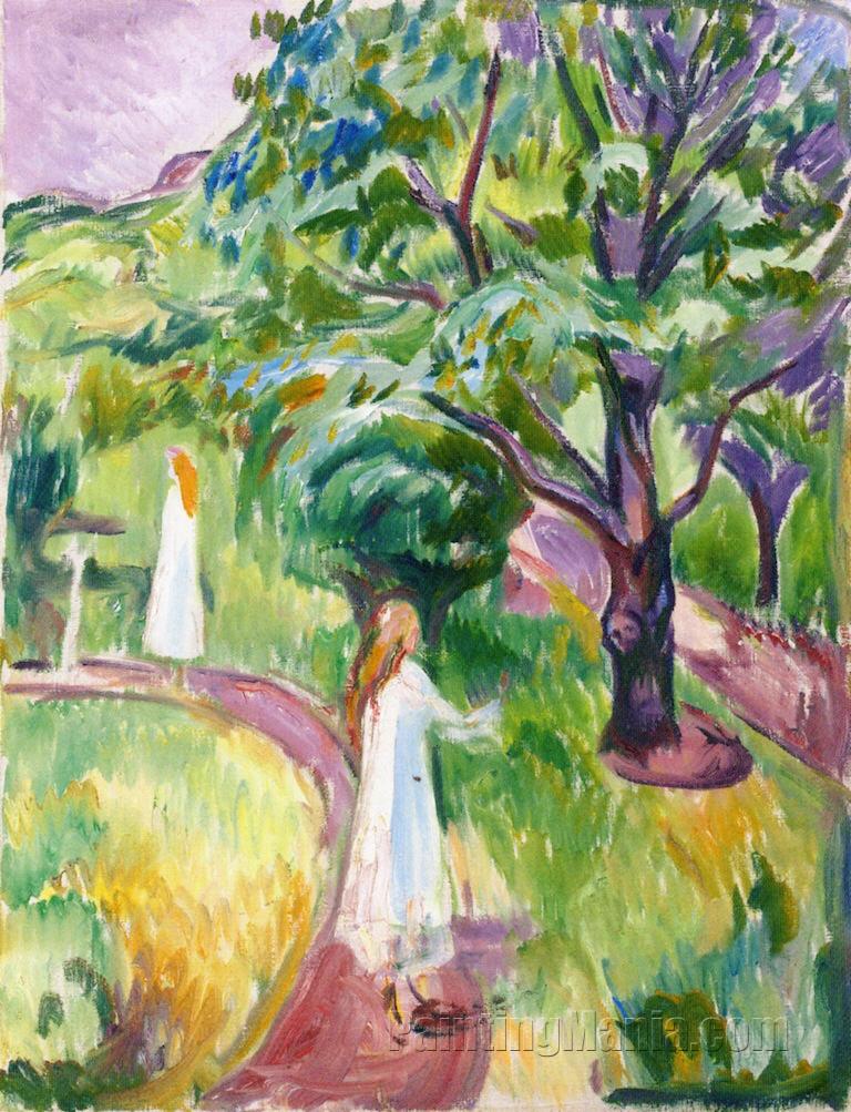 Two Women in White Dresses in the Garden