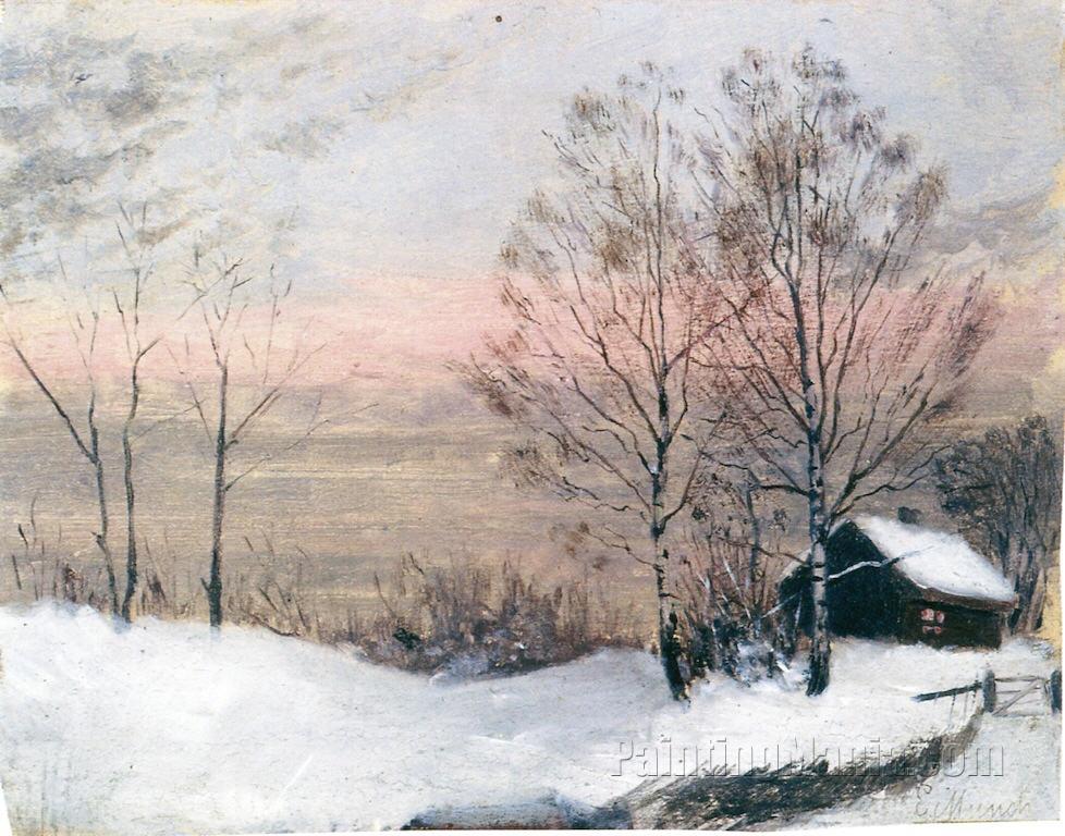 Winter Landscape with House and Red Sky