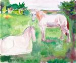 Two White Horses in a Green Meadow