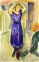 Woman in Blue Dress with Her Arms over Her Head