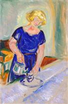 Woman in a Blue Dress Pouring Coffee