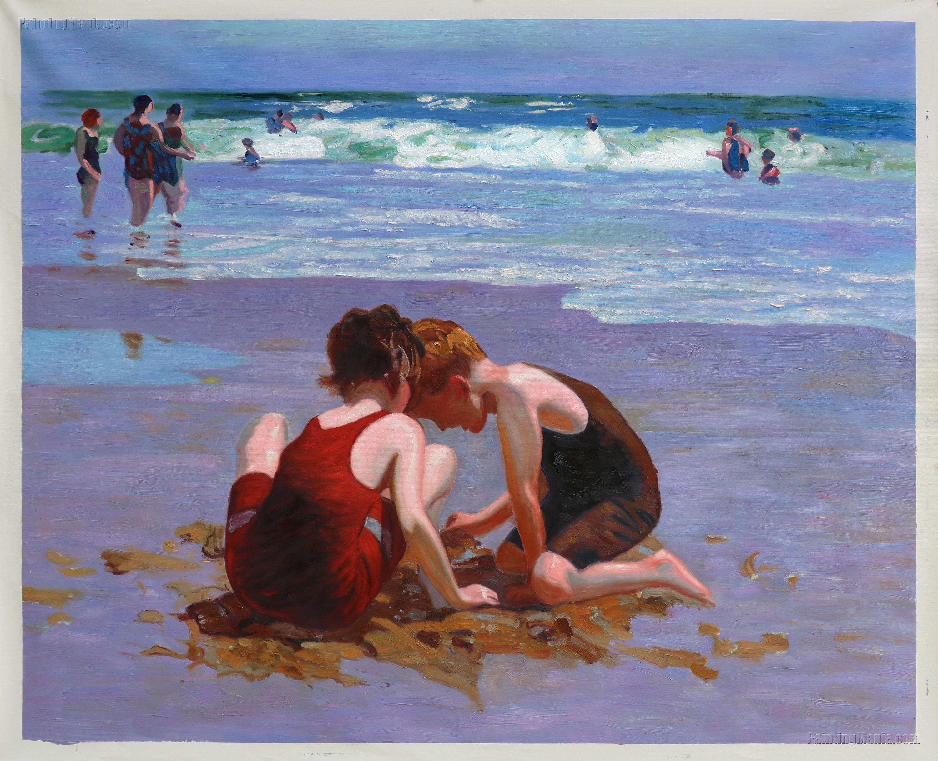 Hand painted oil painting John Atkinson People on the beach in summer landscape 